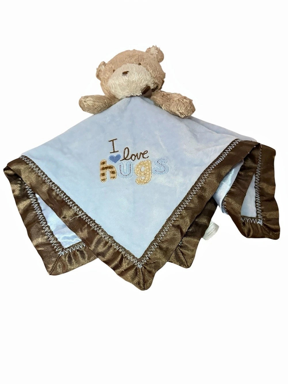 Vintage Baby Teddy Bear Lovey Security Blanket Blue Brown Satin I Love Hugs 2009